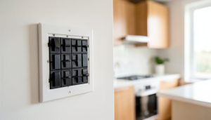 An electrical breaker panel on a wall with a modern kitchen and range blurred in the background