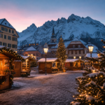 A snowy alpine town square with a Christmas market and mountains behind at dusk