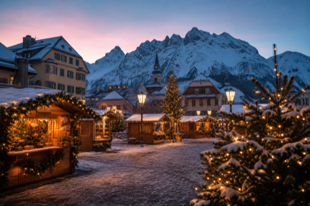 A snowy alpine town square with a Christmas market and mountains behind at dusk