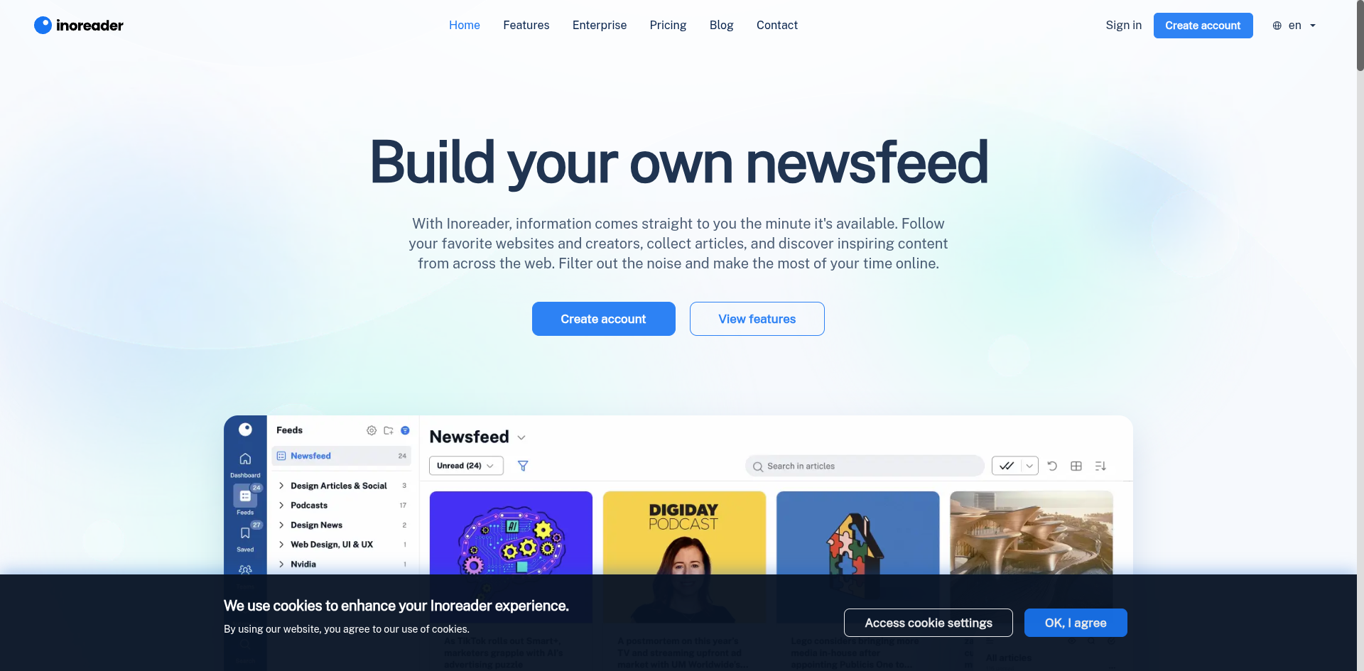 Inoreader homepage showing its build-your-own newsfeed reader