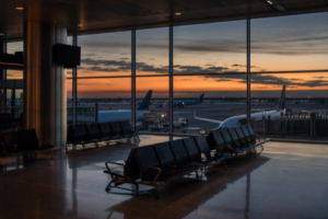 A quiet airport terminal at dusk with empty seating overlooking parked planes