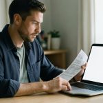 A freelancer at a home-office desk reviewing a printed invoice next to a laptop