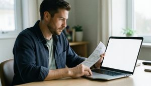 A freelancer at a home-office desk reviewing a printed invoice next to a laptop
