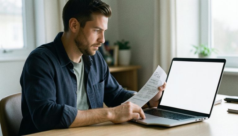 A freelancer at a home-office desk reviewing a printed invoice next to a laptop