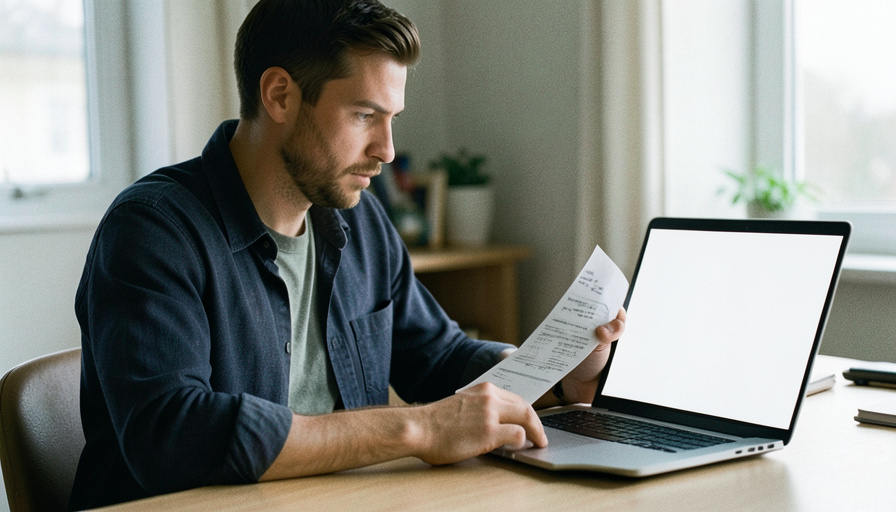 A freelancer at a home-office desk reviewing a printed invoice next to a laptop