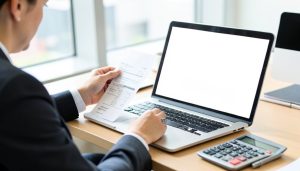 A person in business attire reviewing a paper invoice beside a laptop with a blank screen and a calculator on the desk