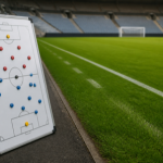 A football tactics whiteboard with magnetic markers beside an empty green pitch