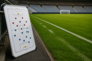 A football tactics whiteboard with magnetic markers beside an empty green pitch