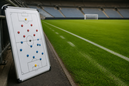 A football tactics whiteboard with magnetic markers beside an empty green pitch