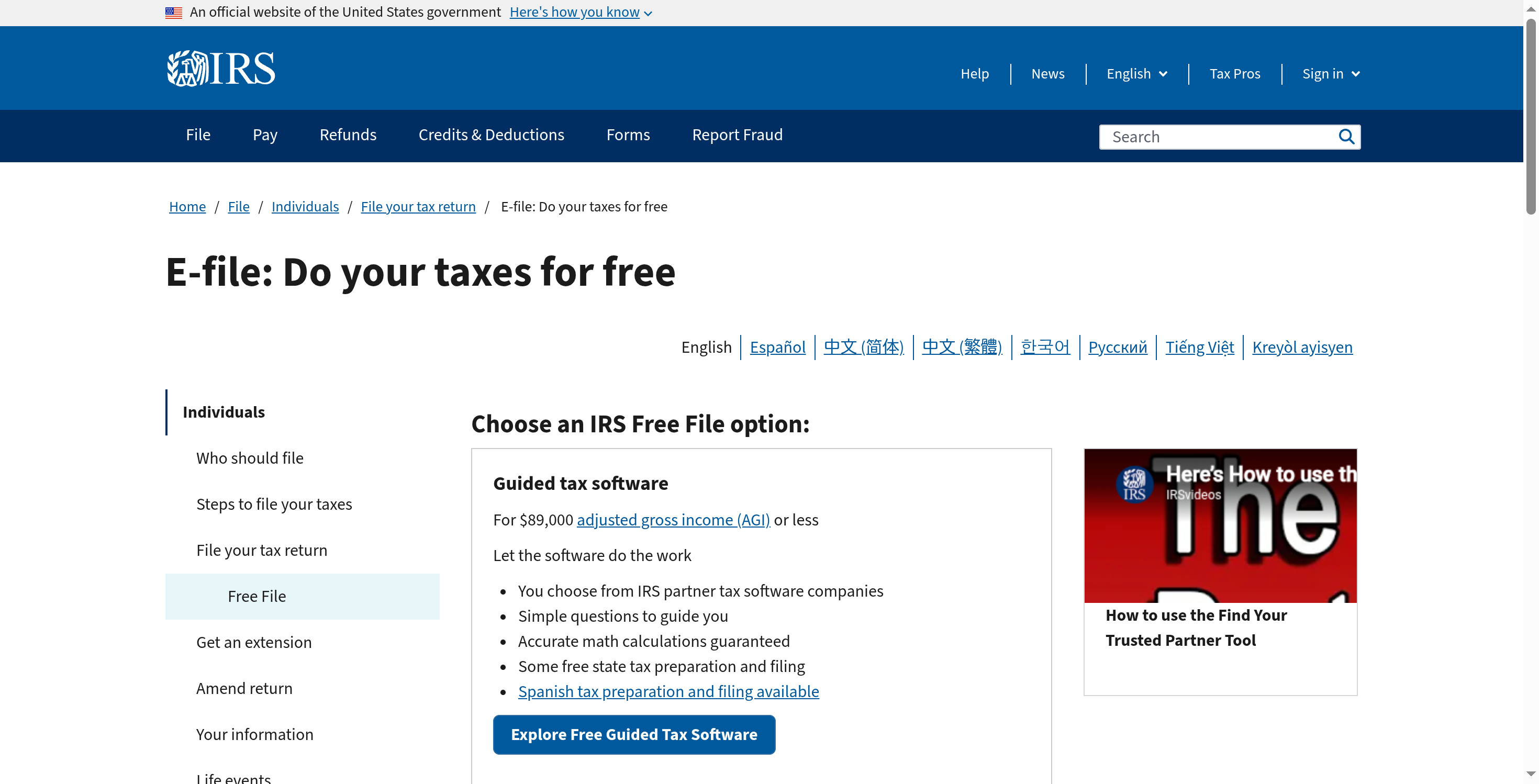 The IRS Free File page showing guided tax software free for $89,000 AGI or less