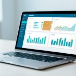 A laptop showing a business analytics dashboard of chart cards with one card highlighted in amber for review