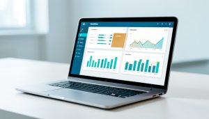 A laptop showing a business analytics dashboard of chart cards with one card highlighted in amber for review