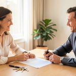 A tenant and a property manager reviewing a lease document at a table with keys and a pen