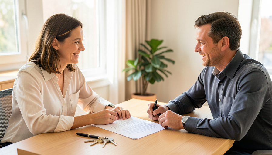 A tenant and a property manager reviewing a lease document at a table with keys and a pen