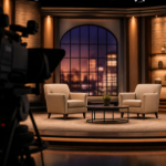 An empty television talk-show set with two facing chairs under studio lights