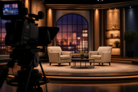 An empty television talk-show set with two facing chairs under studio lights