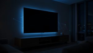 A wall-mounted smart TV glowing in a dark living room with faint network connection lines