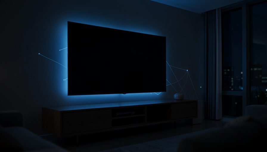 A wall-mounted smart TV glowing in a dark living room with faint network connection lines