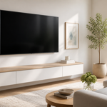 A modern flat-screen television on a wall in a bright living room