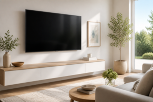 A modern flat-screen television on a wall in a bright living room