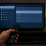 A hand holding a TV remote pointed at a television showing a blurred settings menu