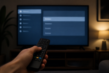A hand holding a TV remote pointed at a television showing a blurred settings menu