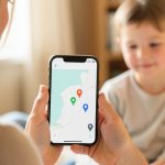 A parent looking at a phone showing a simple map with location pins while a child sits nearby