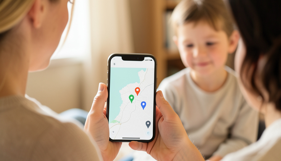 A parent looking at a phone showing a simple map with location pins while a child sits nearby