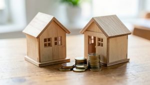 Two small wooden model houses beside a stack of coins on a wooden desk