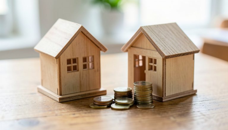 Two small wooden model houses beside a stack of coins on a wooden desk