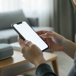 A person setting up a smart home device with a phone app, with a smart speaker on a table nearby