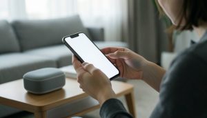 A person setting up a smart home device with a phone app, with a smart speaker on a table nearby