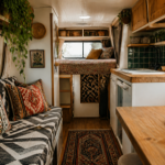 A renovated camper van interior with bold patterned textiles, warm wood, and plants