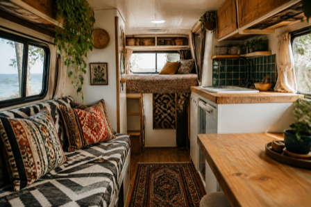 A renovated camper van interior with bold patterned textiles, warm wood, and plants