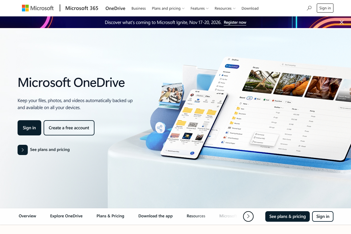 Microsoft OneDrive cloud storage page