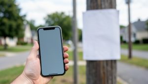 A hand holding a phone with an incoming call beside a blurred flyer on a pole in a suburban street