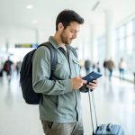 A traveler in a bright airport terminal looking at a smartphone while holding a dark blue passport, with a rolling suitcase