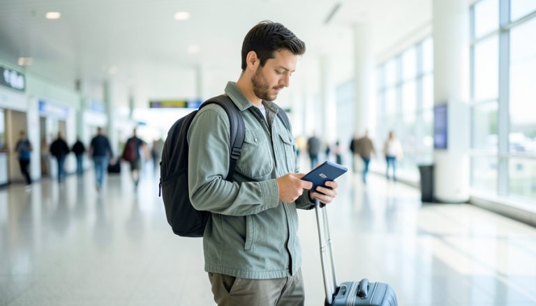 A traveler in a bright airport terminal looking at a smartphone while holding a dark blue passport, with a rolling suitcase