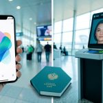 Split image of a smartphone showing a mobile passport app and an airport border kiosk with a passport in the center