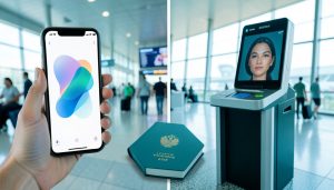 Split image of a smartphone showing a mobile passport app and an airport border kiosk with a passport in the center