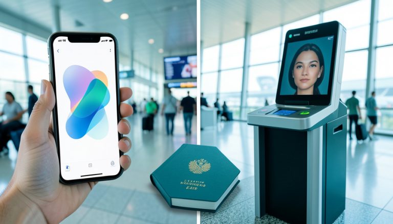Split image of a smartphone showing a mobile passport app and an airport border kiosk with a passport in the center