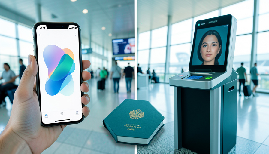 Split image of a smartphone showing a mobile passport app and an airport border kiosk with a passport in the center