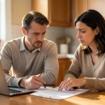 A couple reviewing mortgage paperwork with a laptop at a kitchen table