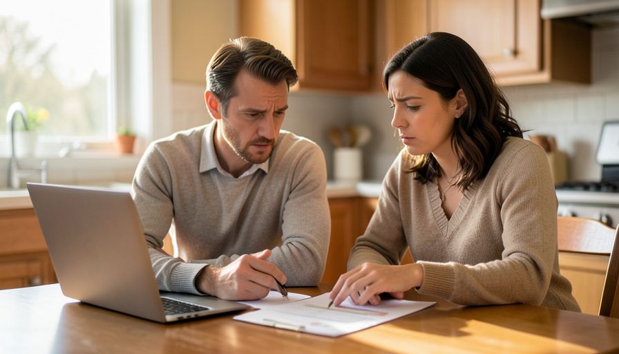 A couple reviewing mortgage paperwork with a laptop at a kitchen table