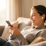 A person relaxing on a sofa with white wireless earbuds, smiling while holding a smartphone in a warm living room