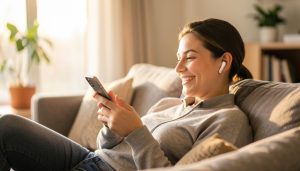 A person relaxing on a sofa with white wireless earbuds, smiling while holding a smartphone in a warm living room