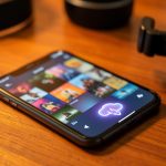 A smartphone showing a grid of album art with a glowing cloud-upload icon, next to over-ear headphones on a wooden desk