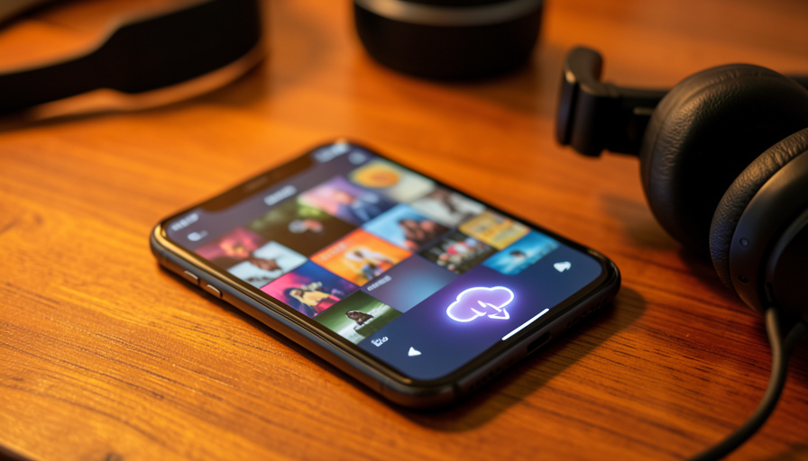 A smartphone showing a grid of album art with a glowing cloud-upload icon, next to over-ear headphones on a wooden desk