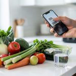 A person in a bright kitchen holding a smartphone showing a barcode over a spread of fresh vegetables and a glass of water