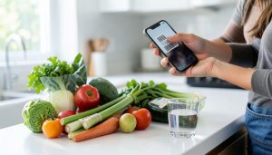 A person in a bright kitchen holding a smartphone showing a barcode over a spread of fresh vegetables and a glass of water